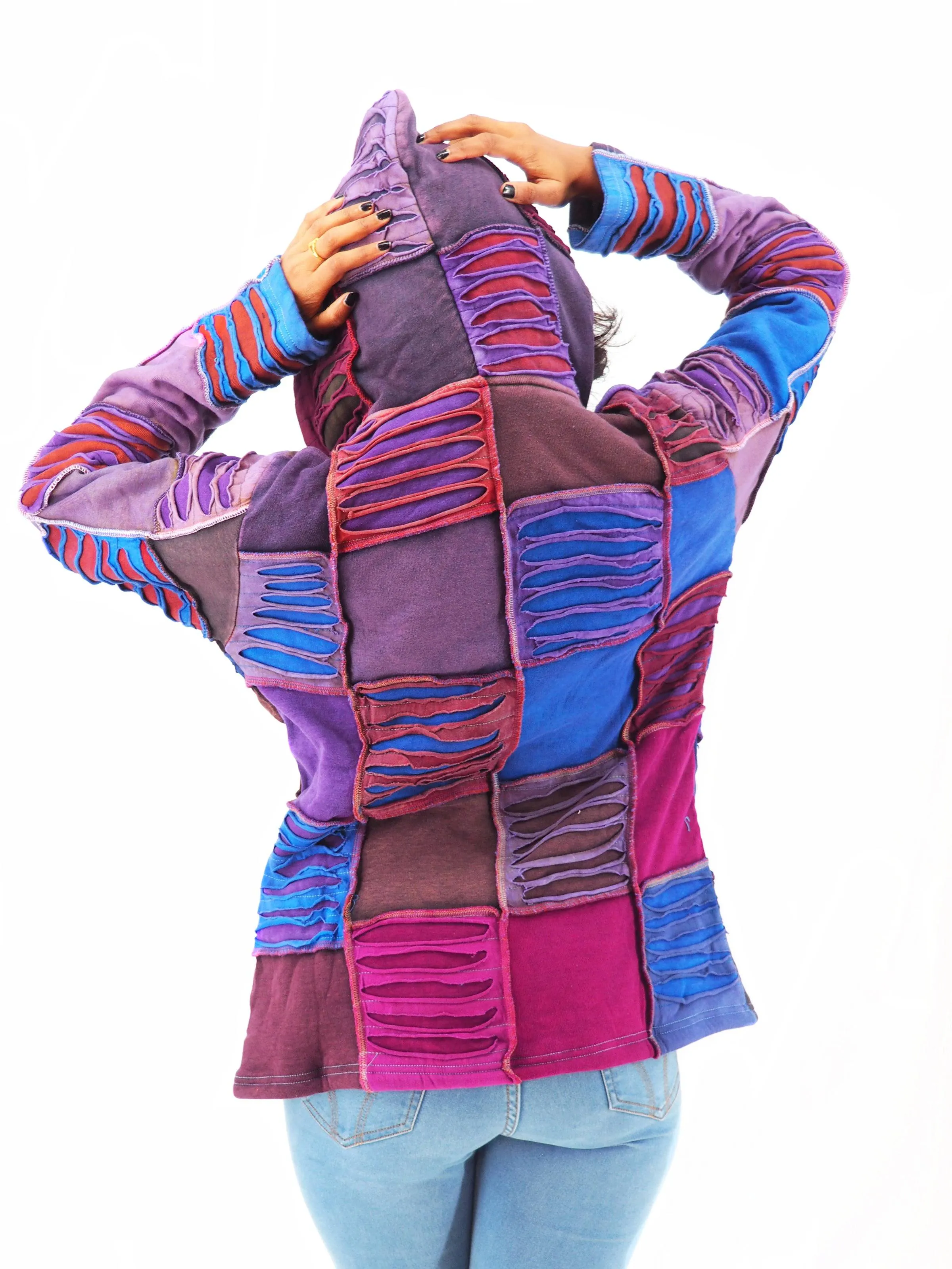 Handmade Patchwork Boho Hoodie 100% Pre-Washed Cotton Purple Tones S-M-L-XL