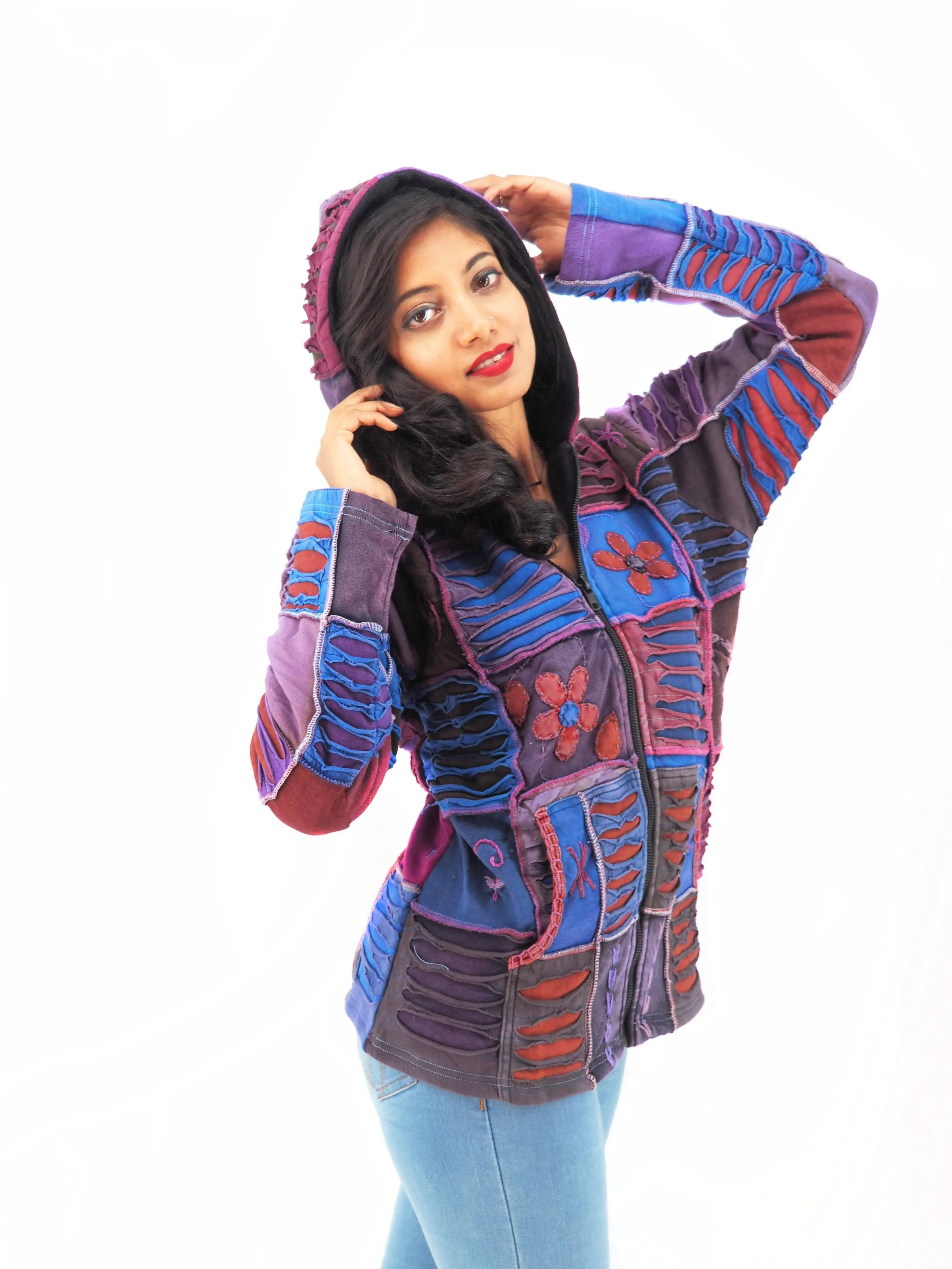 Handmade Patchwork Boho Hoodie 100% Pre-Washed Cotton Purple Tones S-M-L-XL