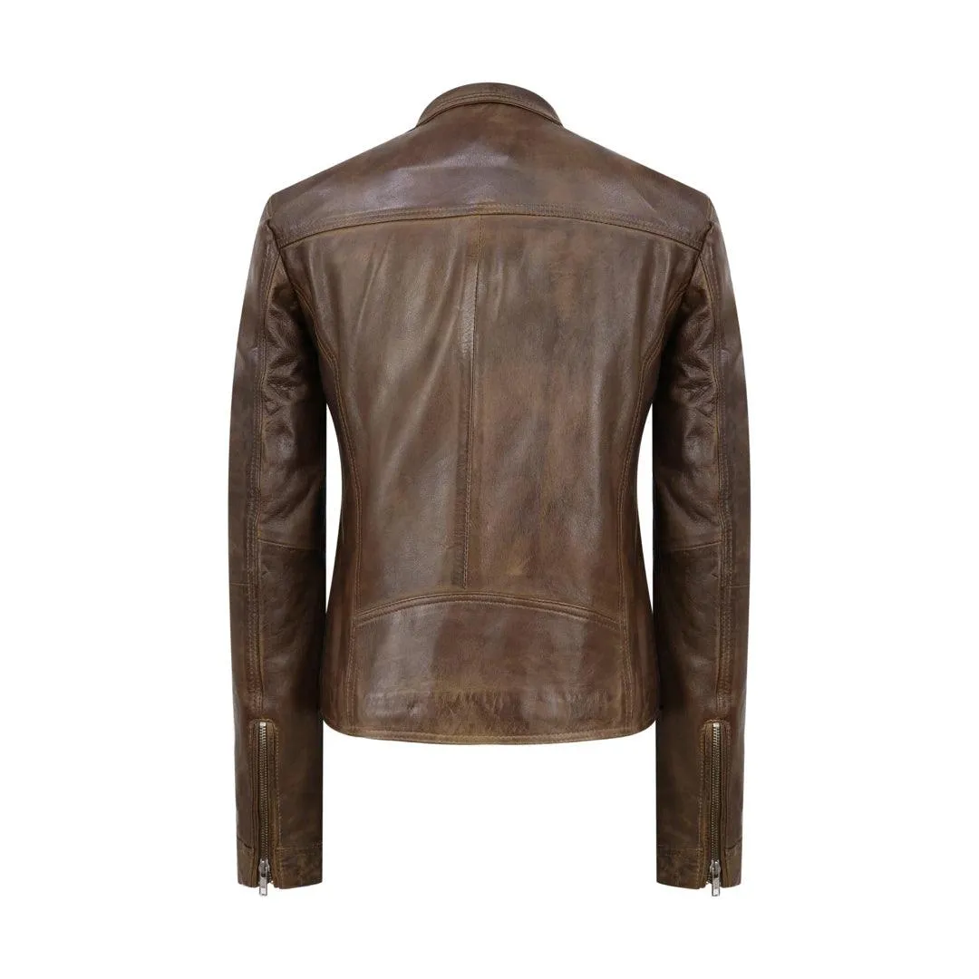 Womens Cross Zip Vintage Brown Biker Jacket retro Washed Soft Smart Casual