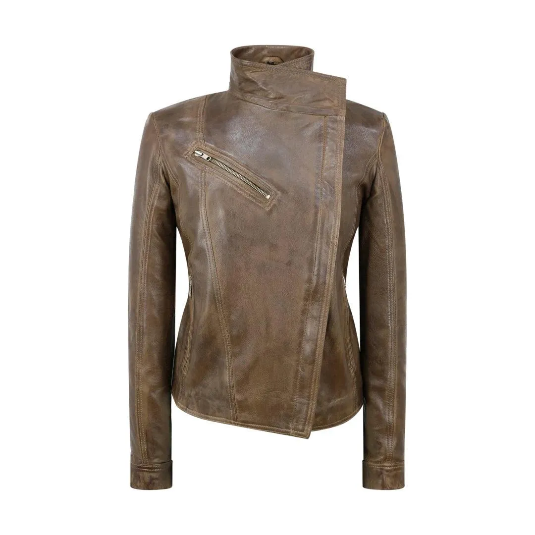 Womens Cross Zip Vintage Brown Biker Jacket retro Washed Soft Smart Casual