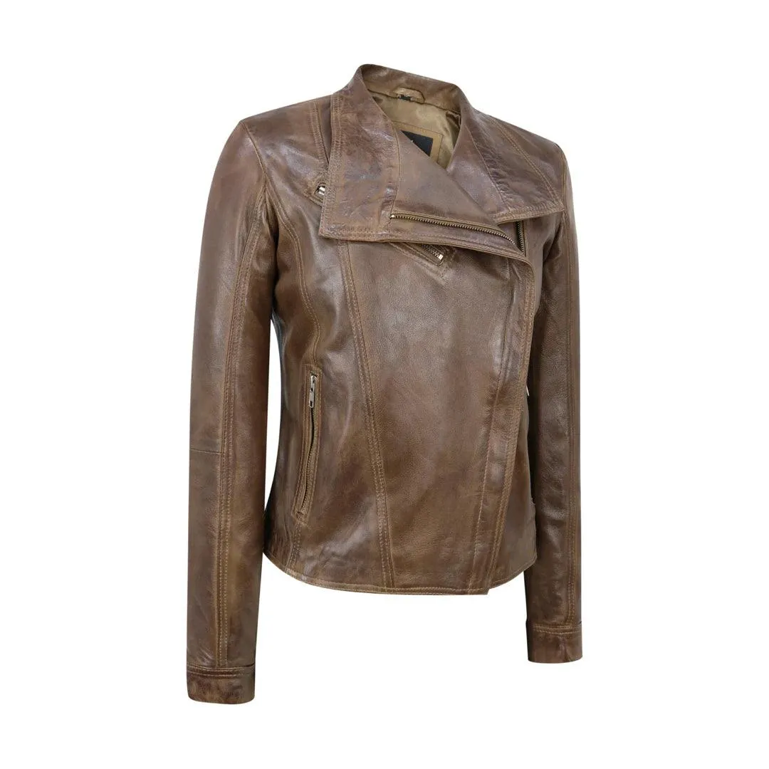 Womens Cross Zip Vintage Brown Biker Jacket retro Washed Soft Smart Casual