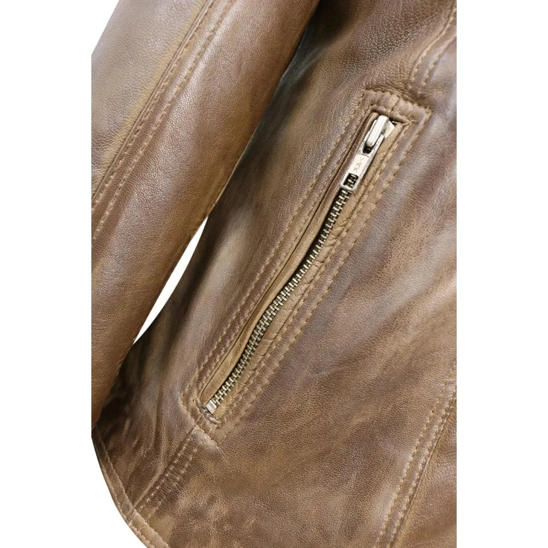 Womens Cross Zip Vintage Brown Biker Jacket retro Washed Soft Smart Casual