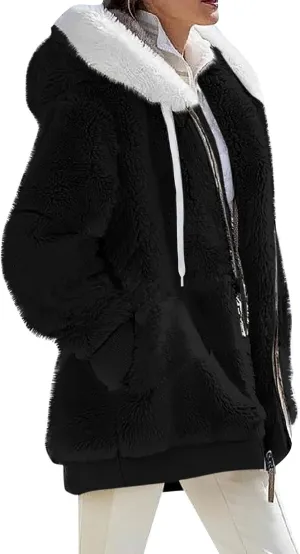 Womens Fuzzy Fleece Basic Hooded Jackets Fall Winter Zip up Warm Outerwear Coats Loose Sherpa Jacket with Pockets
