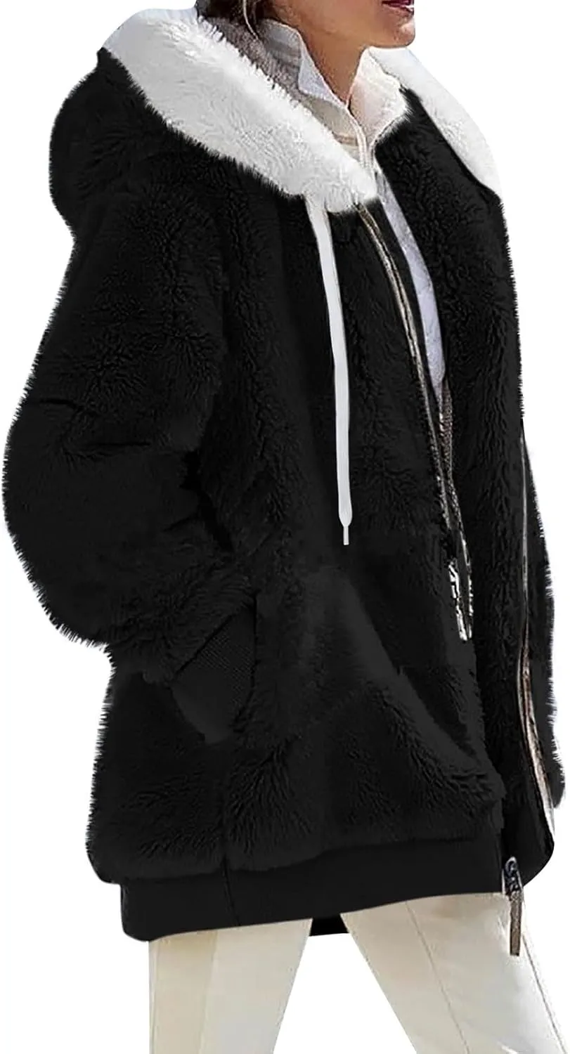 Womens Fuzzy Fleece Basic Hooded Jackets Fall Winter Zip up Warm Outerwear Coats Loose Sherpa Jacket with Pockets