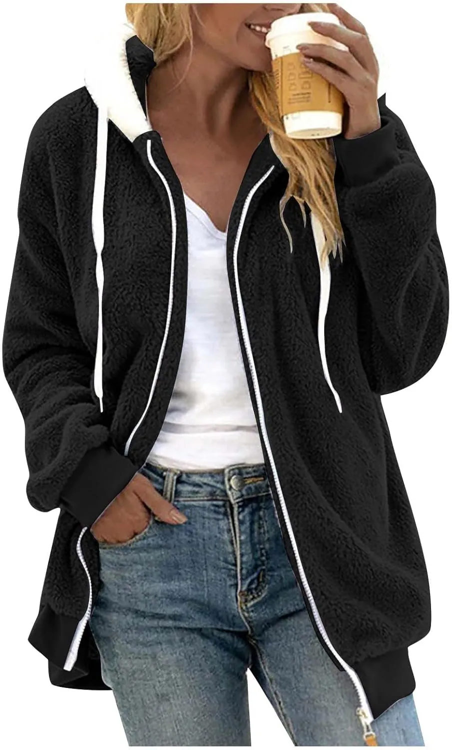 Womens Fuzzy Fleece Basic Hooded Jackets Fall Winter Zip up Warm Outerwear Coats Loose Sherpa Jacket with Pockets