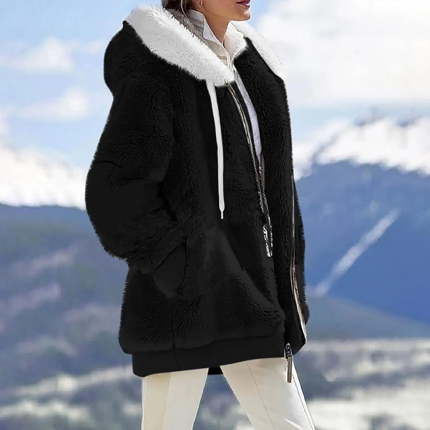 Womens Fuzzy Fleece Basic Hooded Jackets Fall Winter Zip up Warm Outerwear Coats Loose Sherpa Jacket with Pockets