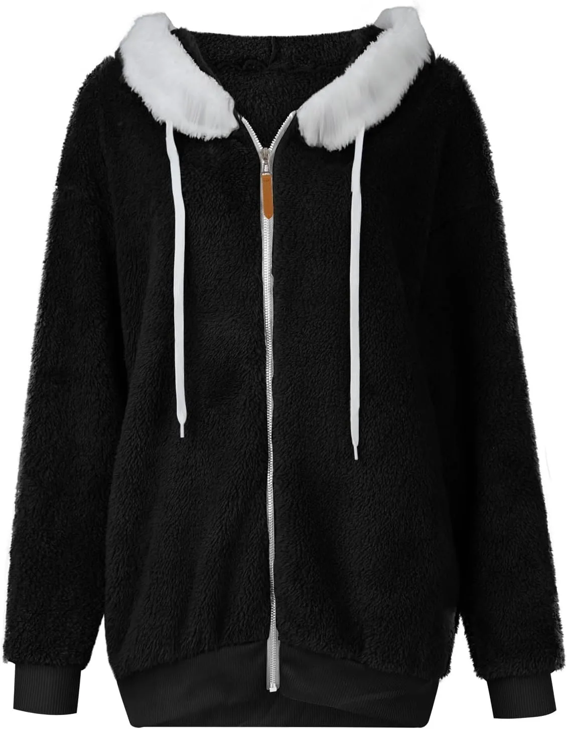 Womens Fuzzy Fleece Basic Hooded Jackets Fall Winter Zip up Warm Outerwear Coats Loose Sherpa Jacket with Pockets